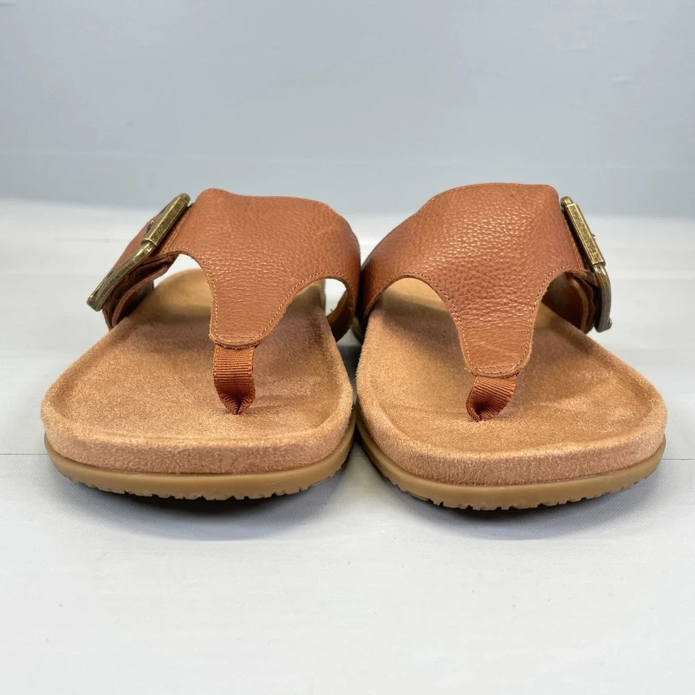 Vionic Emma Sandals Womens Size 6 Wide Tan Brown Pebbled Leather Flip Flop Shoes